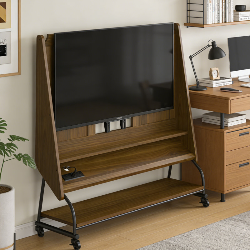 Mobile TV Stand with Mount for 32-50" TV with Projector Screen & Power Outlets - Adjustable Rolling TV Cart, Wood | Modern Functional Style | Living Room, Bedroom, Office