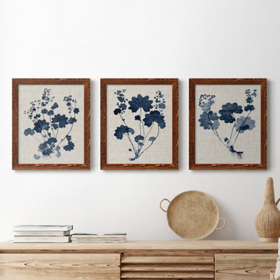 Bleu marine et feuilles de lin II - ensemble de 3 peintures sur toile encadrées