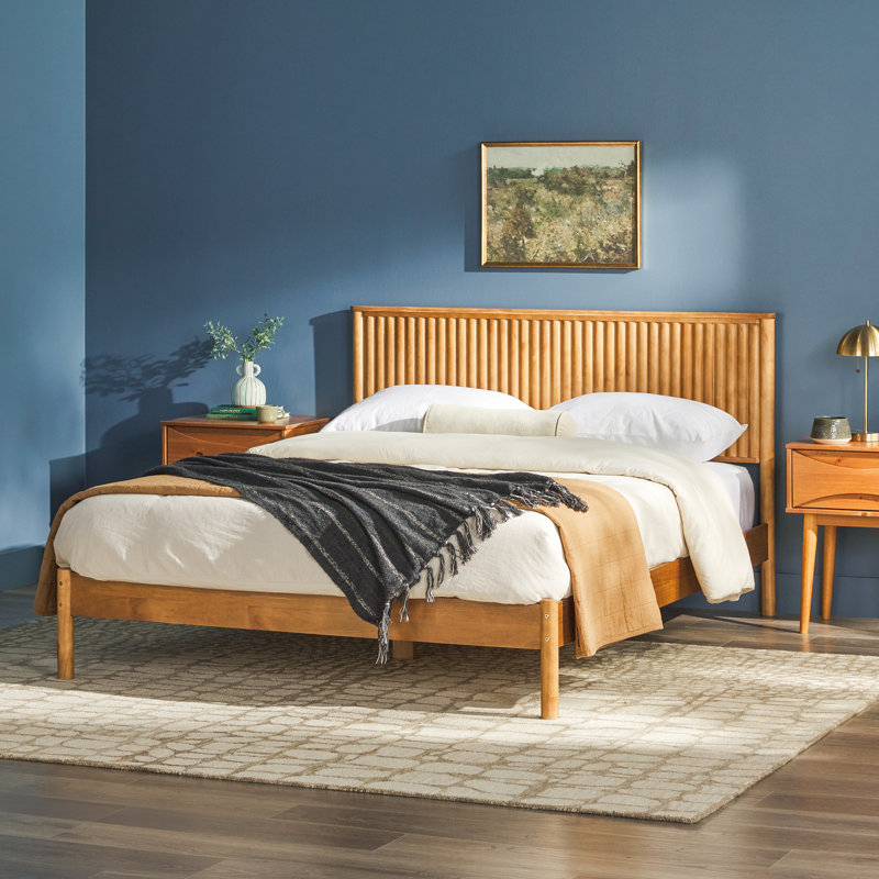 Asho Solid Wood Platform Bed with Reeded Headboard, Blonde, Queen
