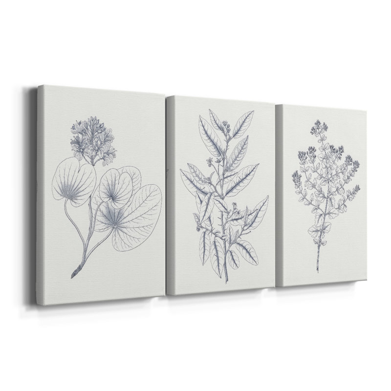 Indigo Botany Study IV - Toile tendue avec châssis sur mesure - 3 pièces, H 27 po x l 54 po