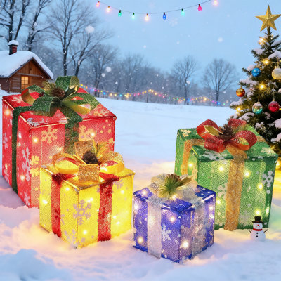 Ensemble de 4 boîtes-cadeaux de Noël avec 70 lumières DEL, boîte-cadeau avec cadre en fer coloré et pommes de pin