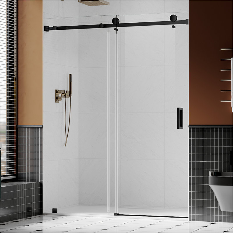 UKS05 51 in. to 55 in. x 80 in. H Frameless Sliding Shower Door in Matte Black with 3/8 in. (10mm) Clear Glass, Matte Black