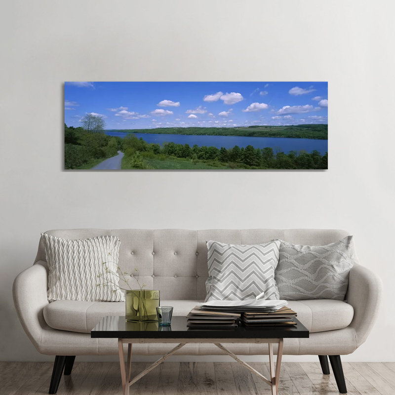 Road Near A Lake, Owasco Lake, Finger Lakes Region, New York State, USA - Wrapped Canvas Panoramic Print