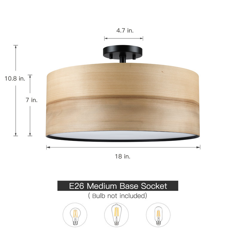 18 In. 4-light Wood Veneer Drum Ceiling Light Semi Flush Mount, 18'' W - 4 sockets