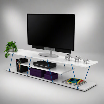 Meuble télé moderne du milieu du siècle avec quatre tablettes ouvertes et système de gestion des câbles en métal pour le salon