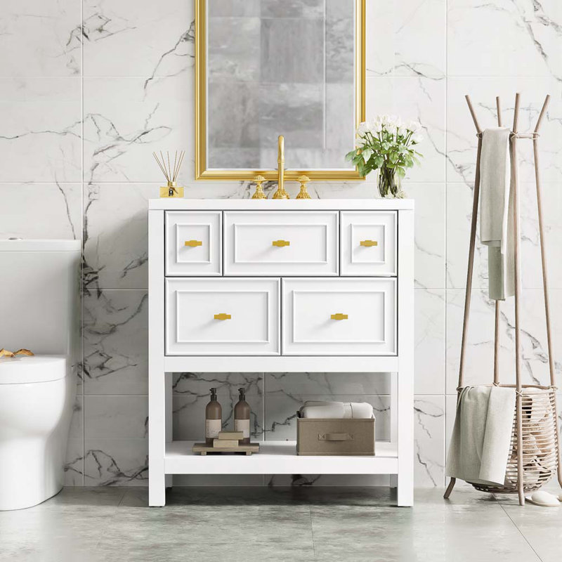 Bathroom Vanity with Ceramic  Sink,5 Drawers, Solid Wood Frame, White