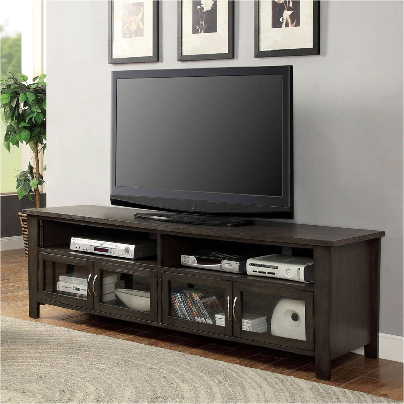 Base de console de style transitionnel avec armoire double et deux tablettes ouvertes en verre trempé de 3 mm sur les portes de l'armoire à l'arrière avec finition gris