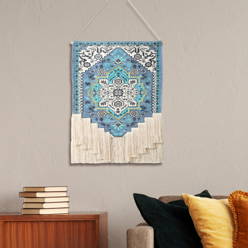 Cotton Wall Hanging, Teal Blue/Yellow/Off-White