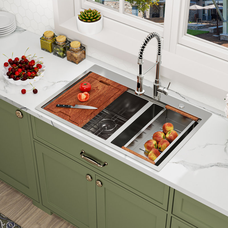 Workstation Kitchen Sink Drop In 16 Gauge Stainless Steel Double Bowl(60/40) Kitchen Sink, 33" H x 22" L x 10" W