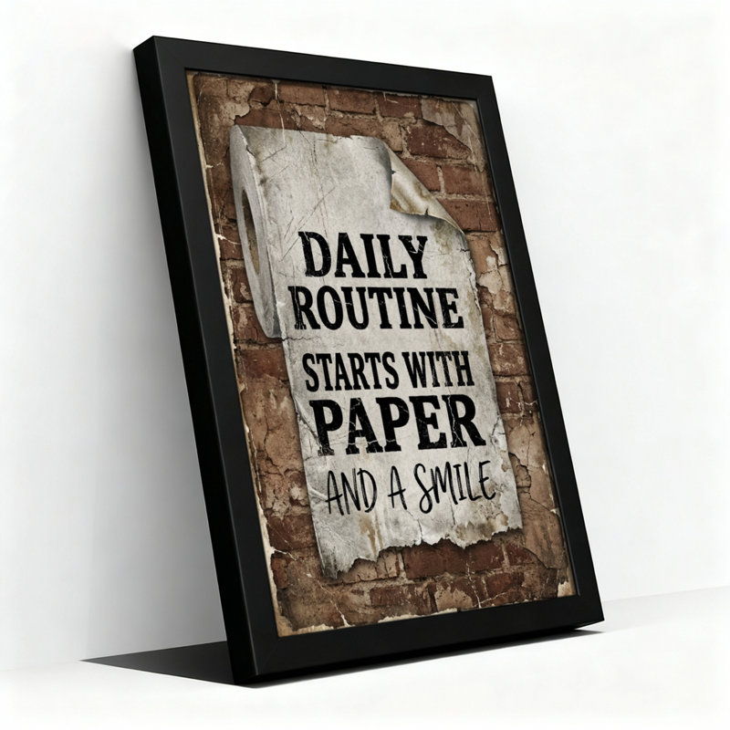 La routine quotidienne commence par du papier et un sourire. Tableau sur toile tendue sur fond de briques, idéal pour la décoration de la salle de bain ou de la cuisine.