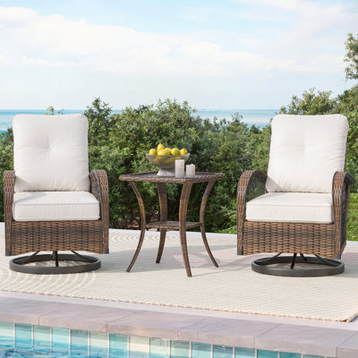 Outdoor Swivel Rocker Bistro Set - 3 Piece Wicker Patio Set With 2 Swivel Rocking Chairs, Cushions, And Tempered Glass Side Table, Perfect For Porch, Garden, Backyard, Poolside