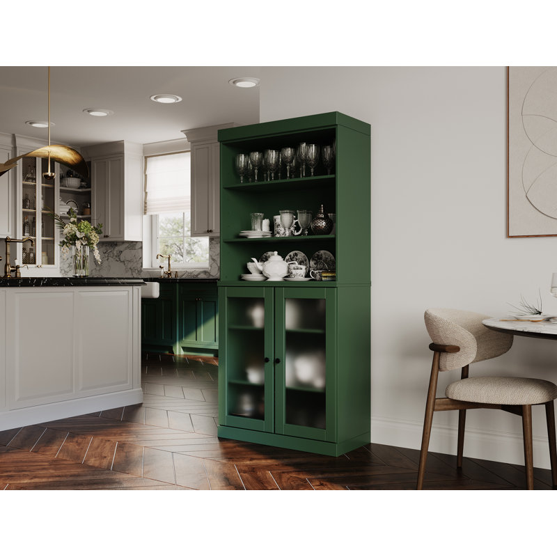 Garde-manger 100% bois massif 32 po avec portes en verre givré et tablettes réglables, Vert