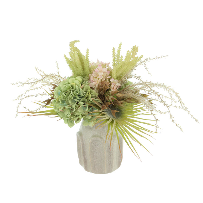 Hydrangea and Palm Leaf in a Ceramic Vase