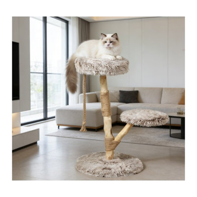 Brown and Natural Wood Cat Tree with Solid Wood Jute Scratching Posts
