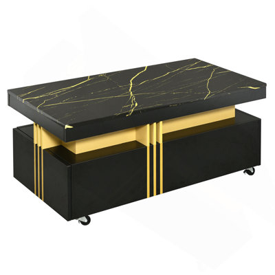 Contemporary Coffee Table With Faux Marble Top, Rectangle Cocktail Table With Caster Wheels, Moderate Luxury Center Table With Gold Metal Bars For Living Room, Black