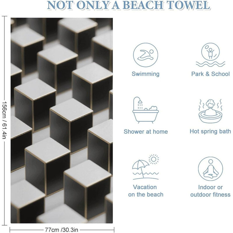 Quick Dry Microfiber Black Grey Cubes Beach Towel, 32 x 63 in