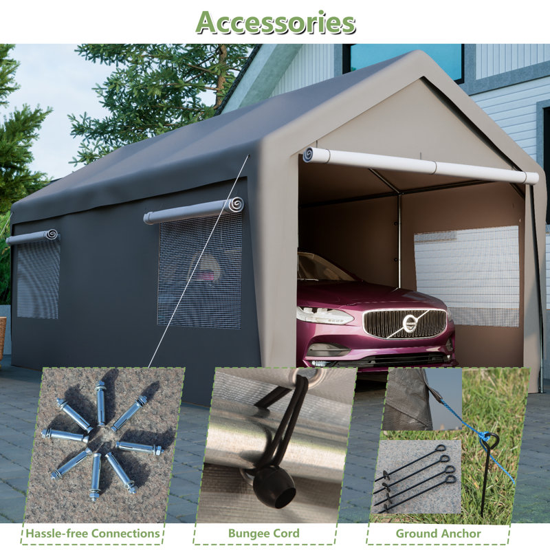 Gray 10' x 20' Portable Steel Carport with Windows