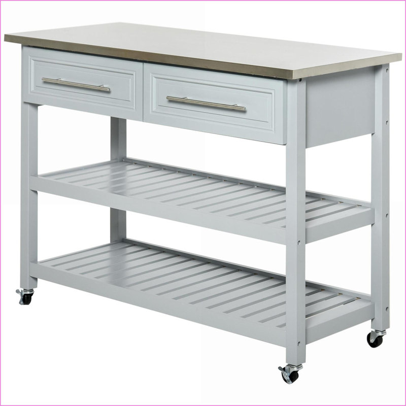 Îlots de cuisine: îlot de cuisine traditionnel avec plateau en acier inoxydable, tiroirs et Tablettes | Gris clair | Bois de pin blanc