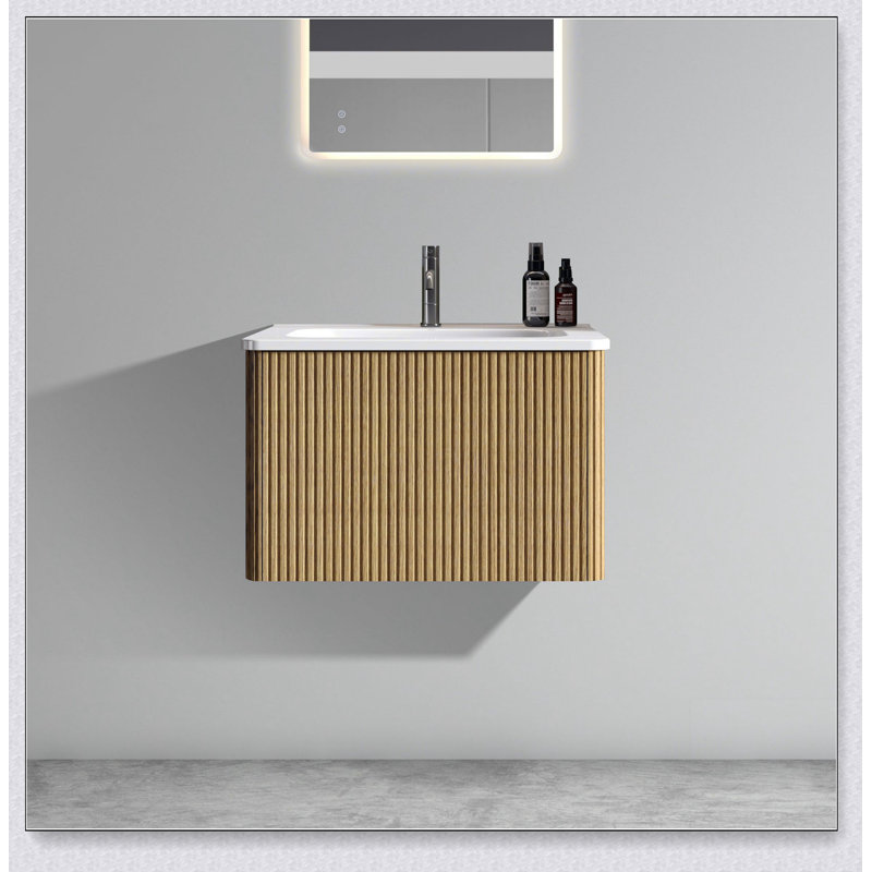 Meuble-lavabo flottant rayé brossé avec lavabo en céramique blanche, meuble-lavabo pour salle de bain moderne, lavabo une pièce blanc sans bonde, pré-assemblé
