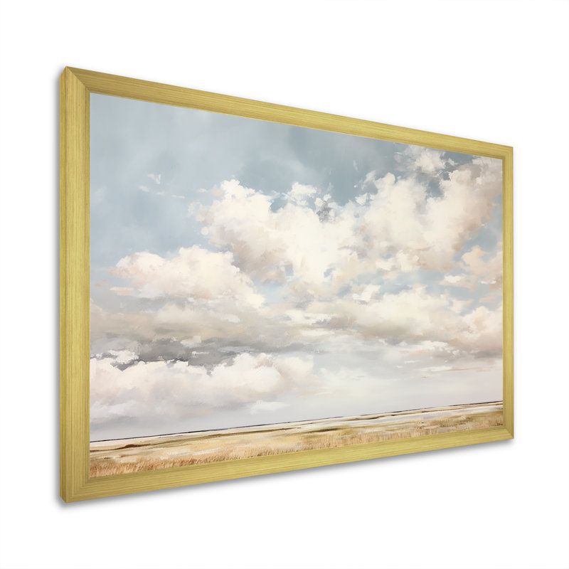 Nuage blanc paysage minimaliste - décoration murale nuages, H 12 po x l 20 po x P 1 po, Cadre doré simple