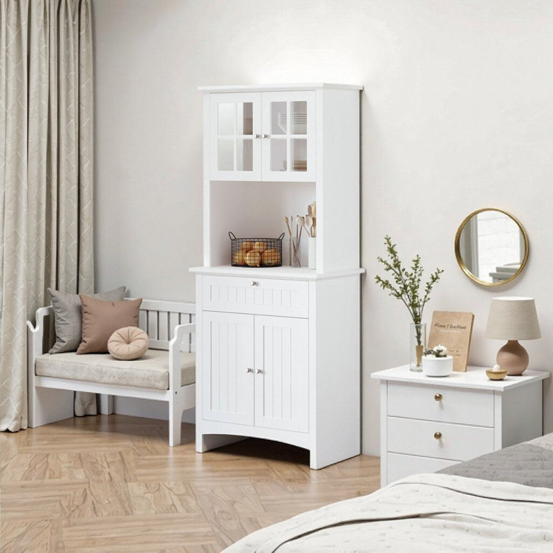 Elegant White Buffet with Hutch - Kitchen Storage Cabinet w/ Glass Doors, Microwave Space & Safety Anti-Tip Device, White