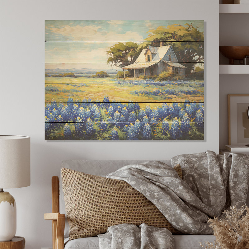 «Blue Bonnets Ballet Meadows» - art mural en bois bleu sur bois de pin naturel, H 30 po x l 40 po