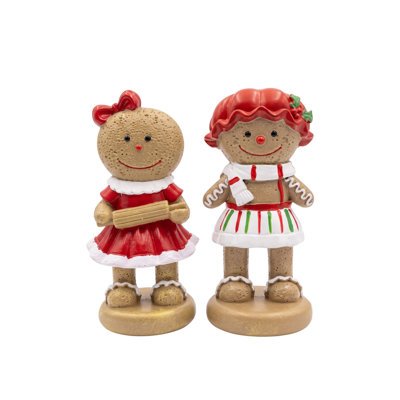 Set of 2 Gingerbread Girl Christmas Figurine, 6.2" Hand-Painted Resin Holiday Decor for Shelf, Mantel & Tiered Tray Display