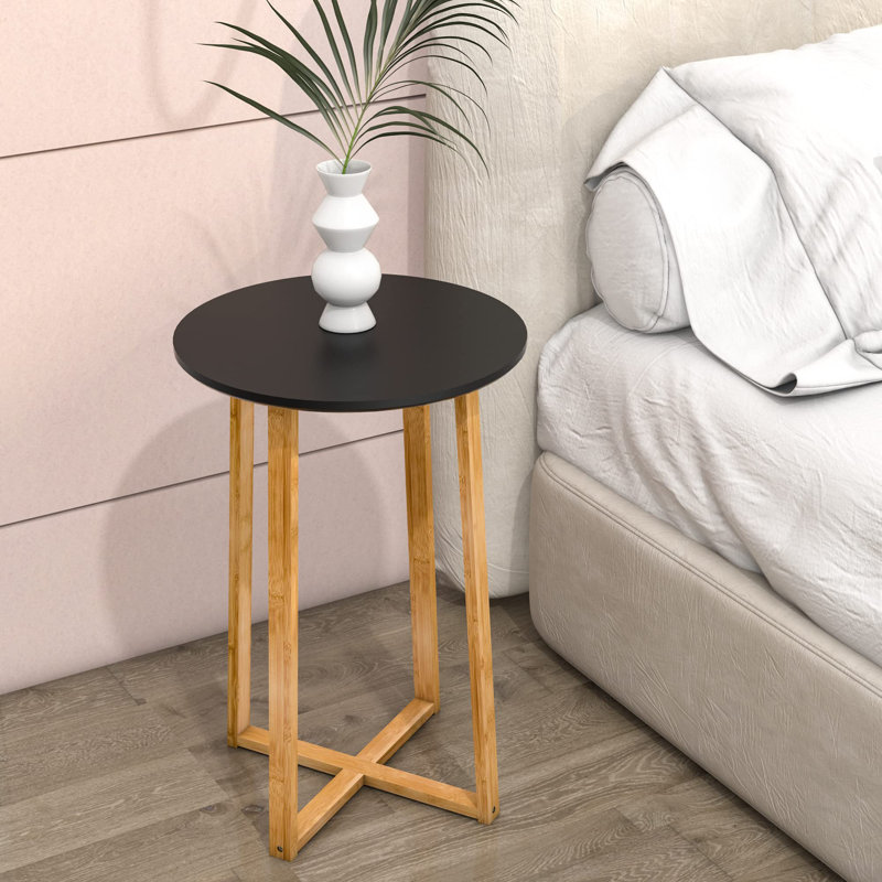 Side Table For Living Room End Table - For Sofa And Bedside Round Nightstand Coffee Table With Sturdy Bamboo Legs, Black