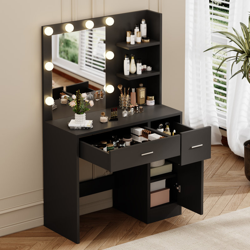 Bureau de maquillage avec lumière et miroir, Noir