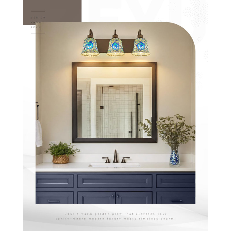 3-Light Blue Mosaic Glass Artical Vanity Light, 3 Lights, 8.7" H x 22" W x 8.5" D