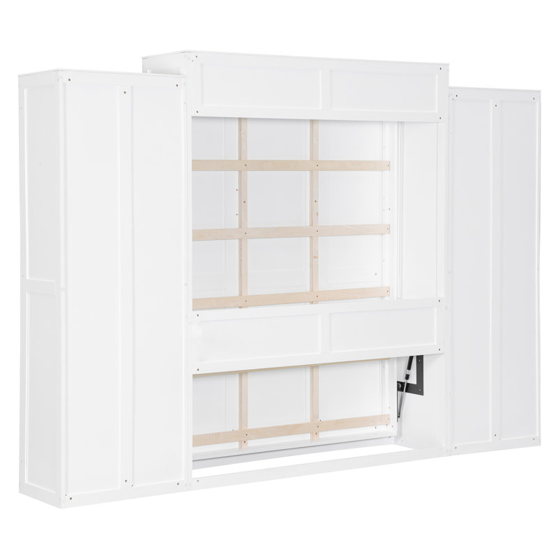 Grand lit escamotable mural avec bureau, garde-robe et tiroirs, armoire-lit pliable, rangement compact, blanc