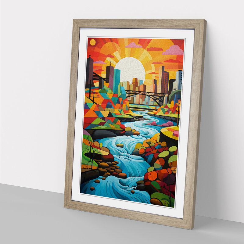 River Constructivism No.2 - Single Picture Frame Print on Wood, Oak, 64cm H x 46cm W x 2cm D