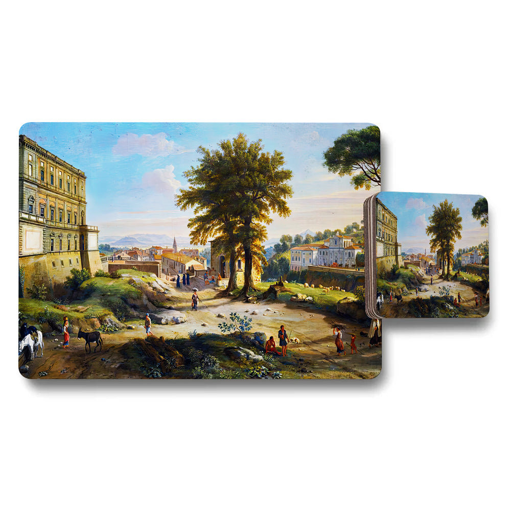 Vintage Landscape City Scene Placemat And Coaster Set With Artwork