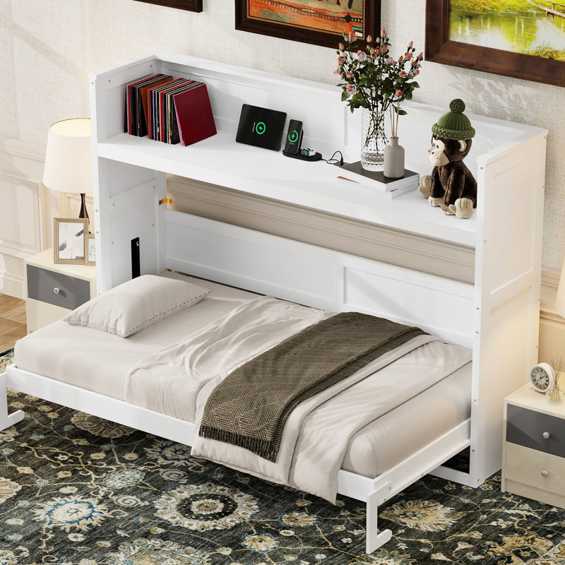Lit simple TG avec bureau, conduit, charge. Blanc. Composé en bois massif et pour un bureau blanc ou un bureau blanc. Construire