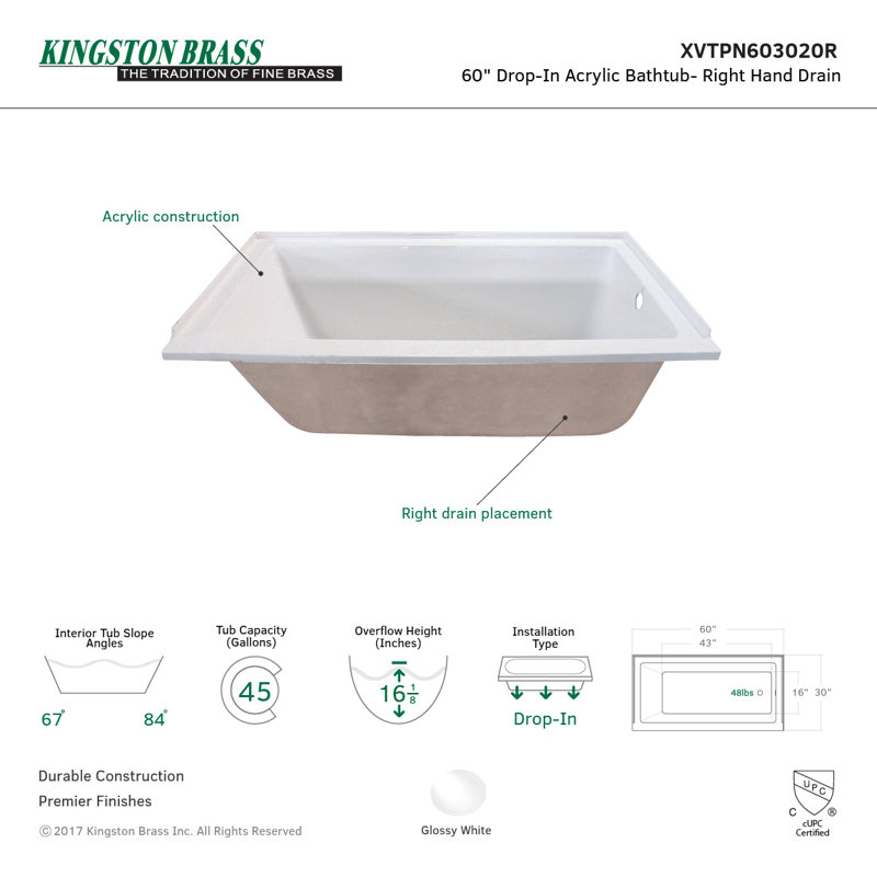 Aqua Eden 60-Inch White Acrylic Drop-In Tub with Right Hand Drain