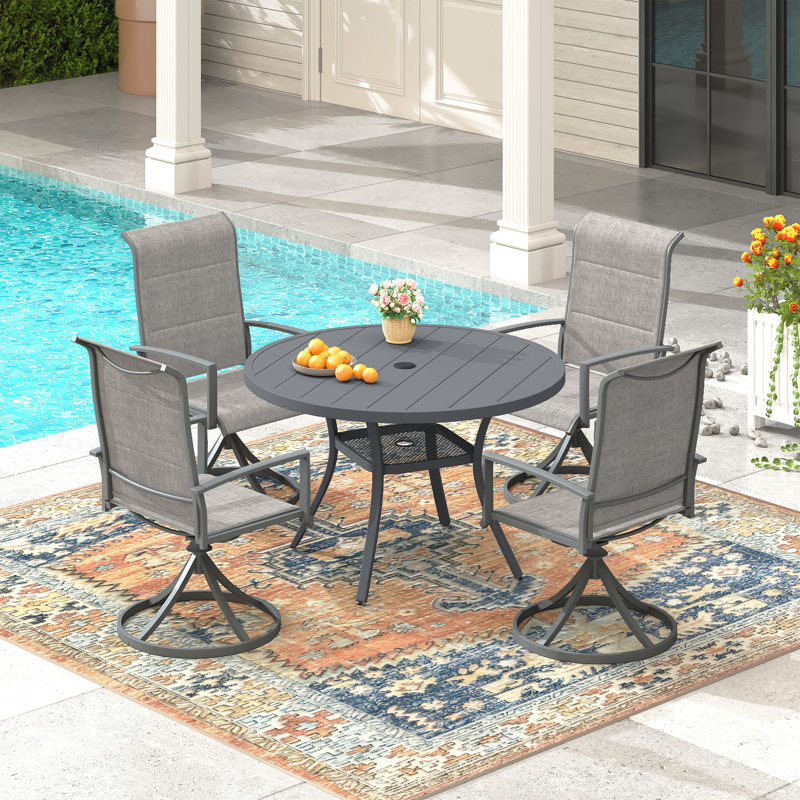 Ensemble repas d'extérieur pour 4 personnes avec chaises rembourrées pivotantes, Gris