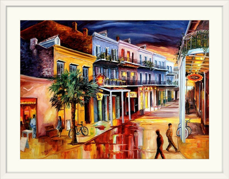 «Decatur Street at Dusk» par Bebe, reproduction, Cadre blanc, H 25 po x l 32 po x P 1 po