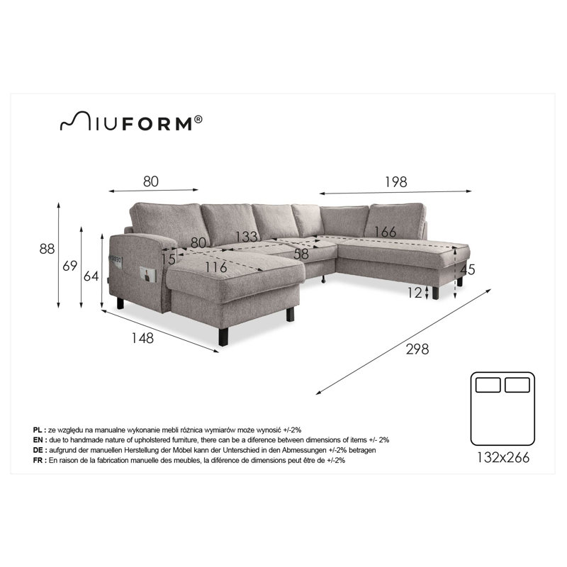 Molly Corner Sofa Bed U-Shape, Salt/Pepper, Right Hand Facing