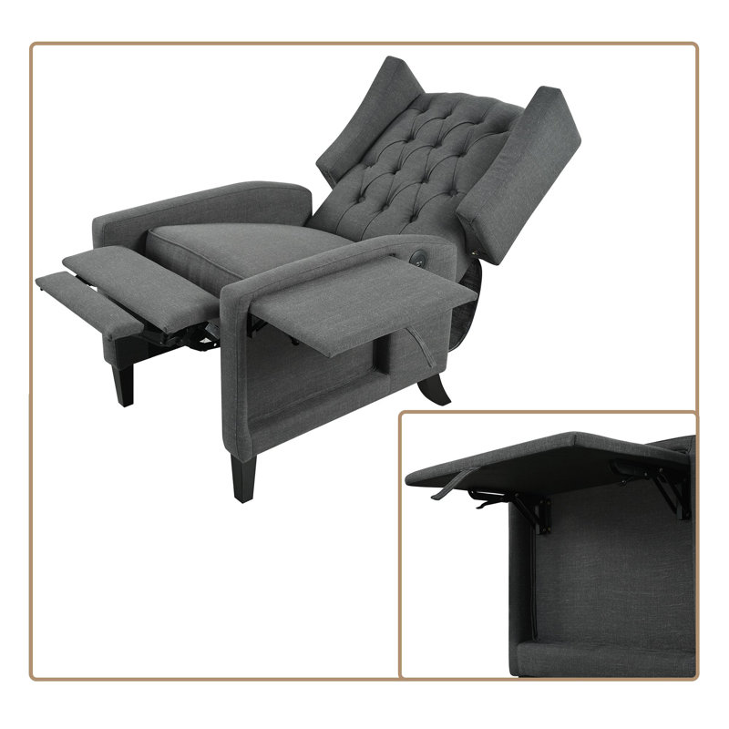 Fauteuil inclinable classique capitonné à oreilles avec garniture cloutée et mécanisme à pousser, tablette pliable, Bleu