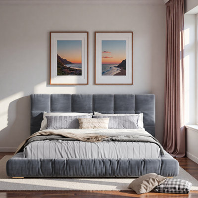 Low Profile Upholstered Platform Bed With Channel Tufted Headboard