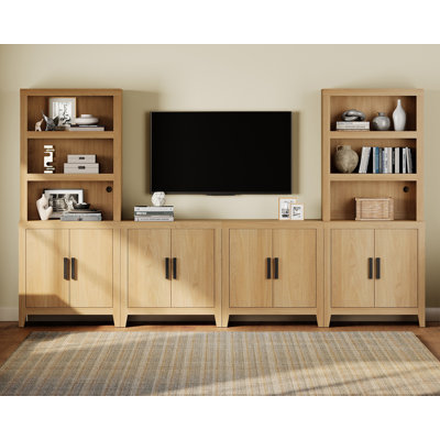 Entertainment Center With Bookshelves, 4-Piece Modular TV Stand With Storage Towers, Farmhouse Media Console With Concealed Storage For Living Room, Bedroom, Oak