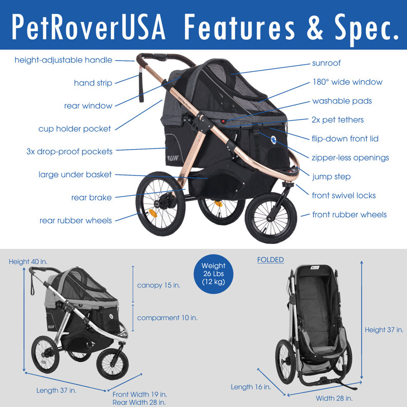Pet Rover Run Foldable Pet Jogger Stroller, Black
