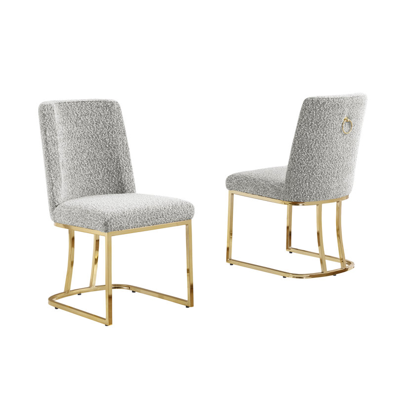 Minimal Side Chairs With Boucle Fabric Base, Rich Gray, Gold