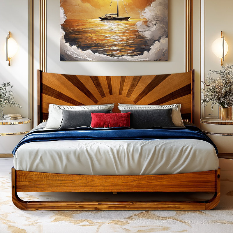  Grand lit plateforme en bois d'acacia Sunset, tête de lit haute, design Art déco de style Mid-Century, pas de sommier tapissier, support de lattes robuste, résistant aux rayures et à l'eau, finition caramel