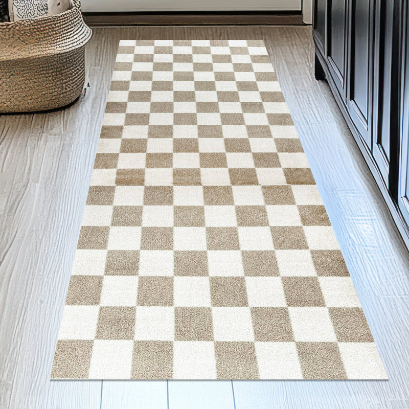 Checkered Tan and Cream Runner, Tan;Cream, 28" W x 75" L