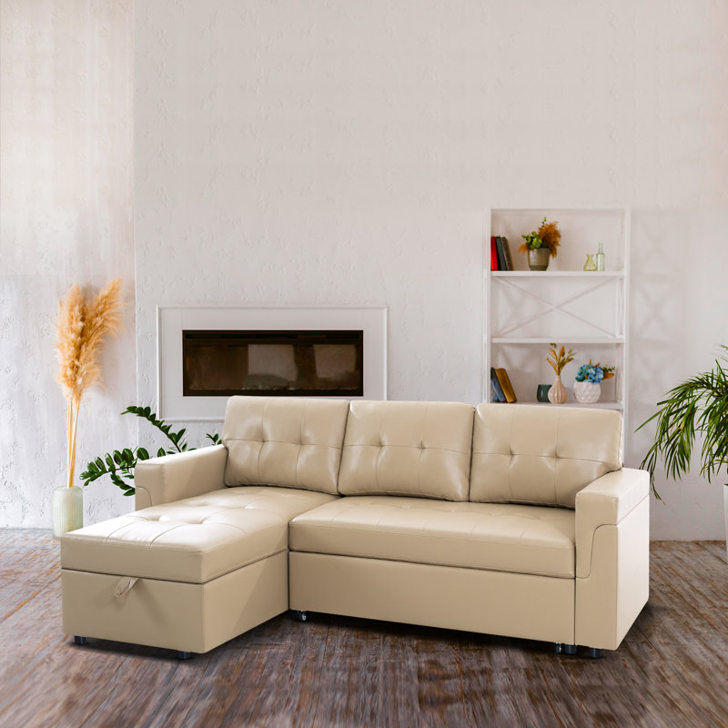 Drashti L-Shaped Pull-Out Sleeper Sofa – Sectional Couch with Hidden Storage, Beige Air Leather
