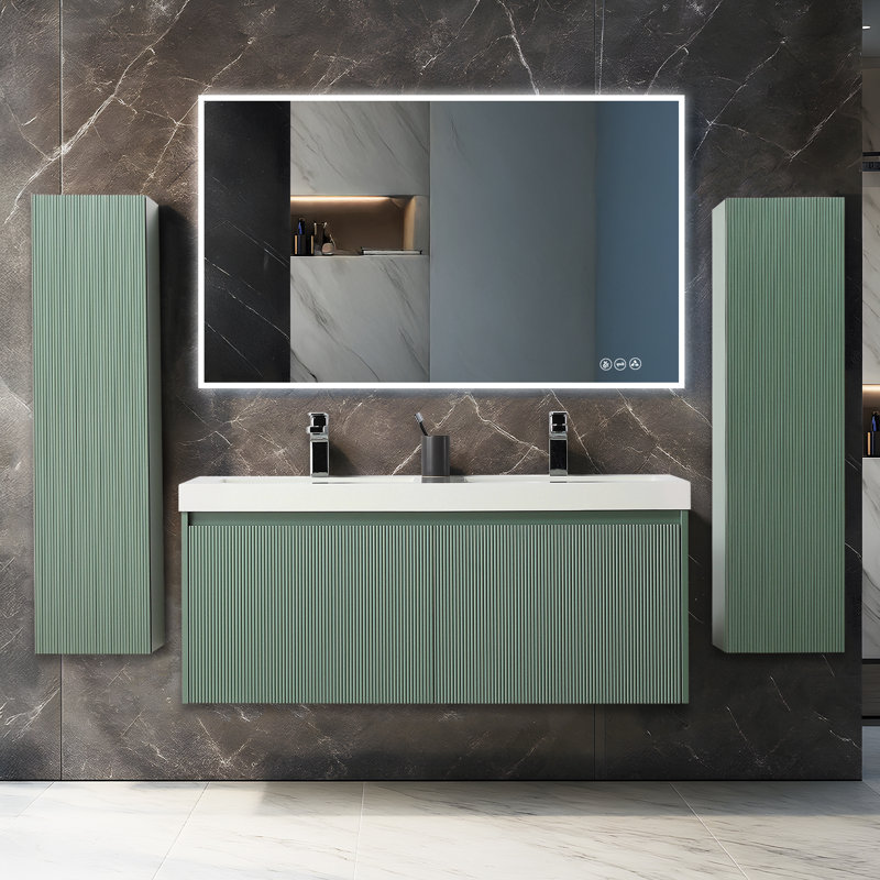 Meuble-lavabo double mural 48 po avec lavabos en acrylique et 2 armoires latérales Nekishia - devant cannelé, tiroirs à fermeture en douceur