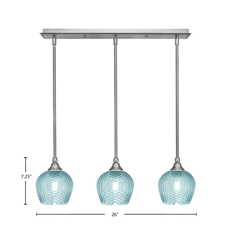 Luminaire suspendu linéaire à 3 lumières avec tige texturé turquoise, Nickel brossé, H 7,25 po x l 26 po x P 6 po