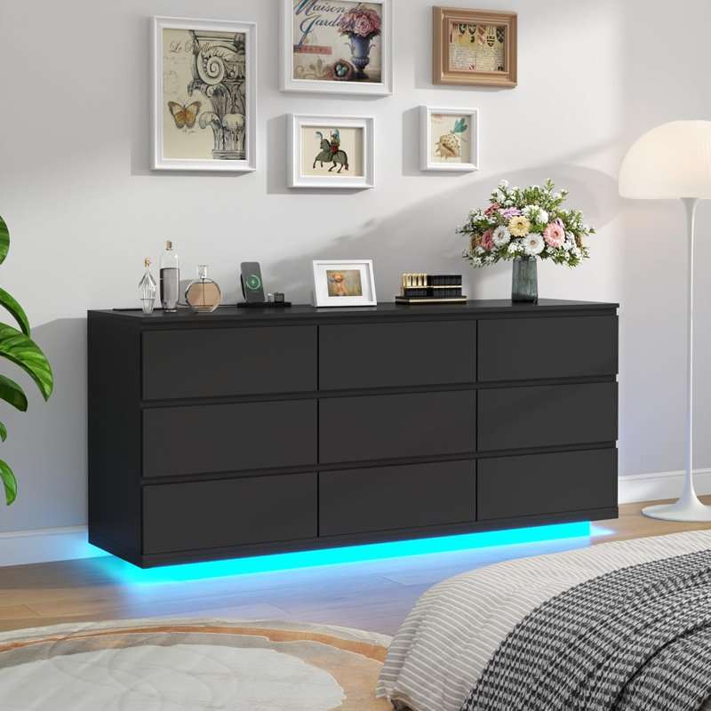 Floating 9 Drawer 63" W Triple Dresser, Black