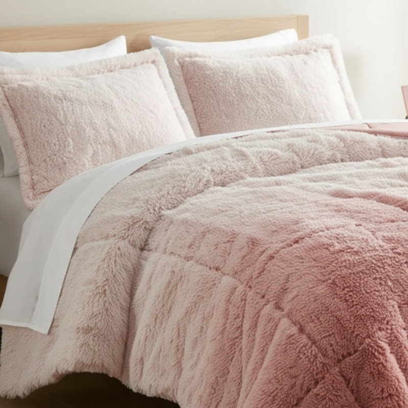 Ensemble d'édredon à poil long double / grand dégradé, L 90 po x l 90 po, Rosé